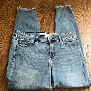 Abercrombie super skinny ankle mid rise jeans with distressed bottoms